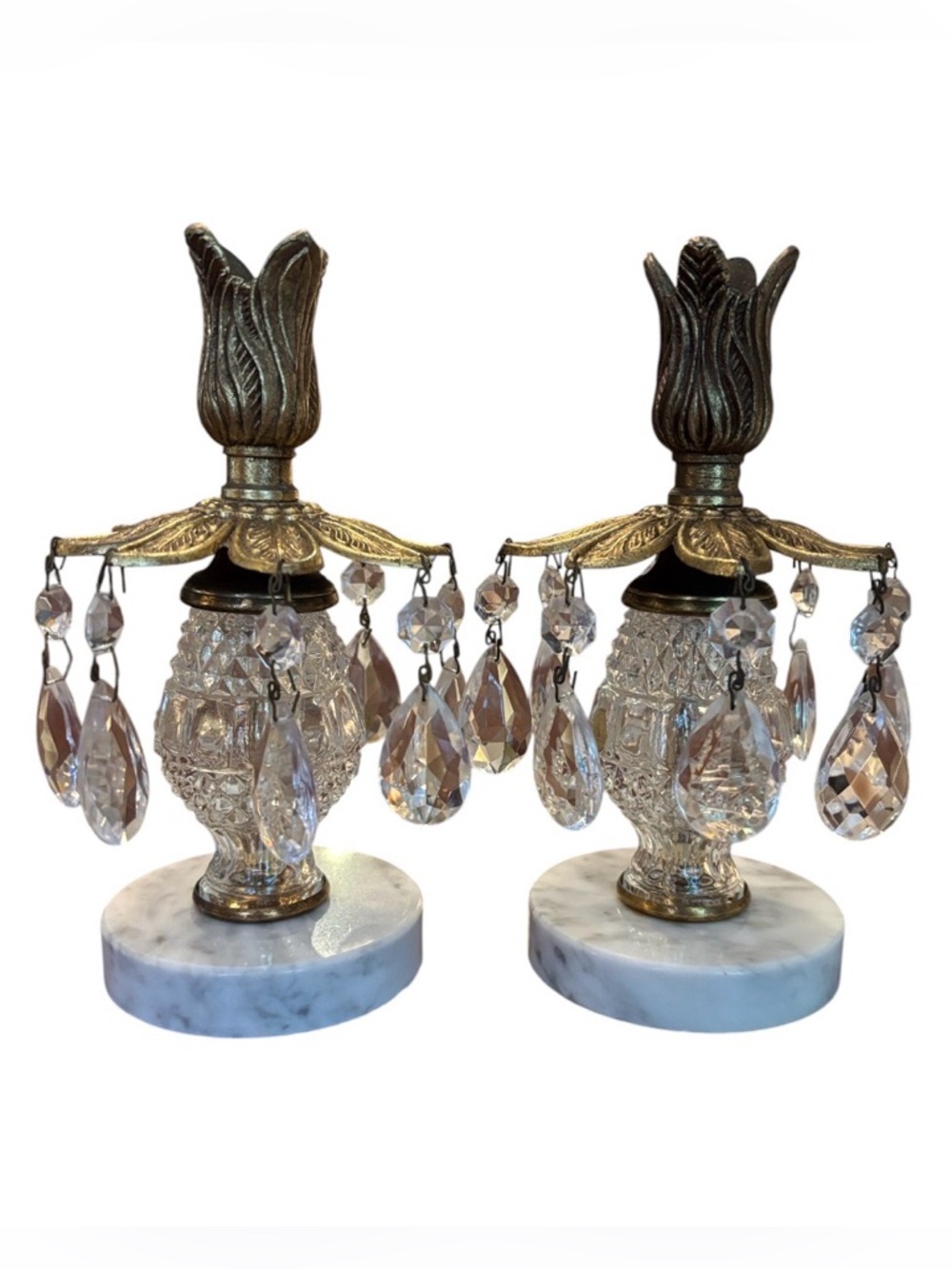 Vintage Hollywood Regency Crystal Brass Marble Candle Holder ITALIAN-PAIR